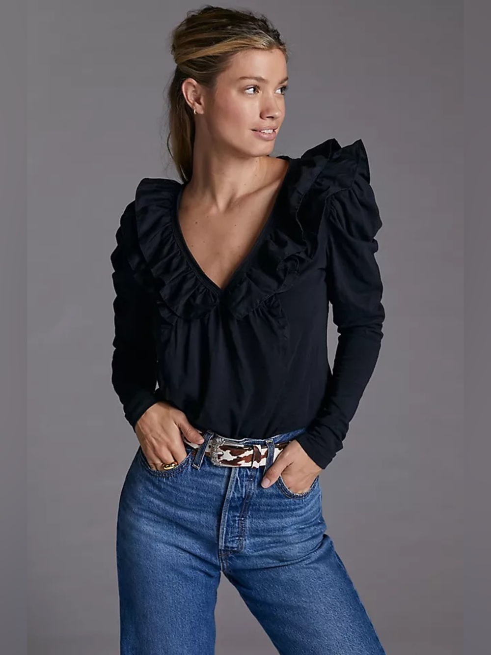 Anthropologie Black Ruffle V Neck Long Sleeve Top Black Size S